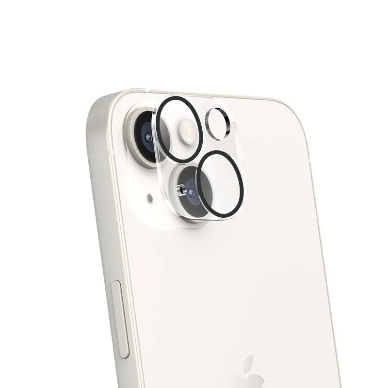 Tempered glass camera lens protector for iPhone showing integrated rear film covering camera module