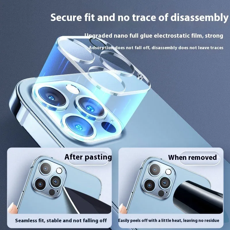 Tempered glass camera lens protector for iPhone showing integrated rear film covering camera module
