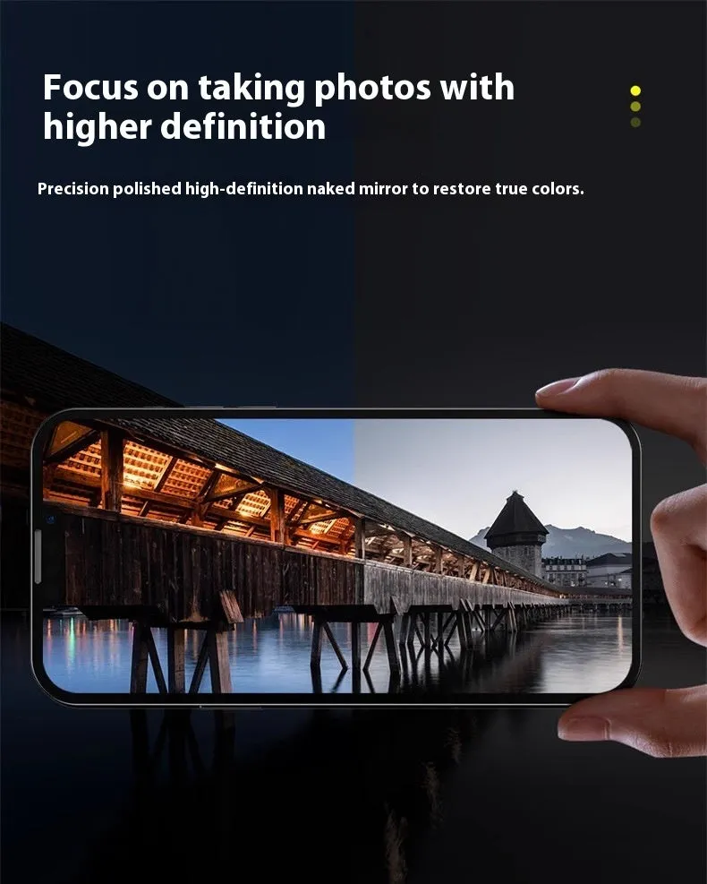 Tempered glass camera lens protector for iPhone showing integrated rear film covering camera module