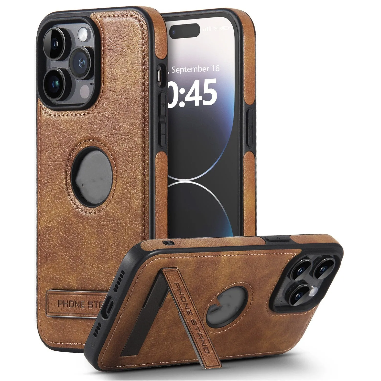 Leather pattern bracket phone case in black for Apple iPhone, drop-resistant imitation leather finish
