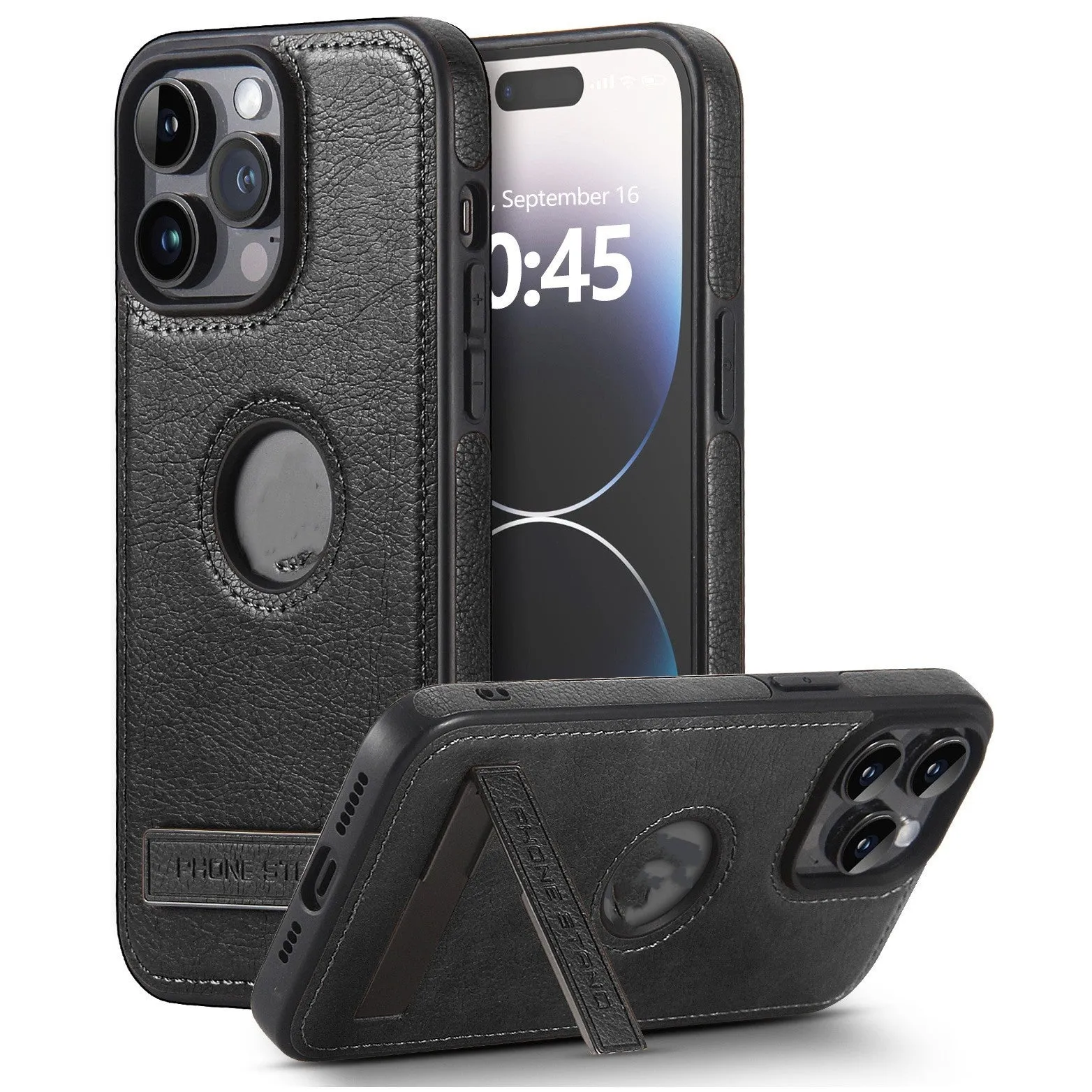 Leather pattern bracket phone case in black for Apple iPhone, drop-resistant imitation leather finish