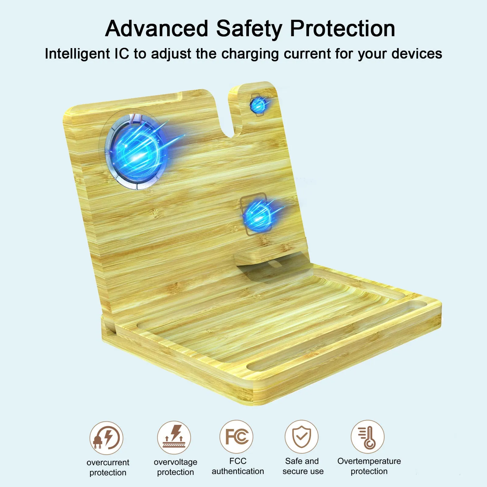 Bamboo 3-in-1 magnetic wireless charger storage bracket with phone, AirPods and Apple Watch on a desk with keys and coins in tray
