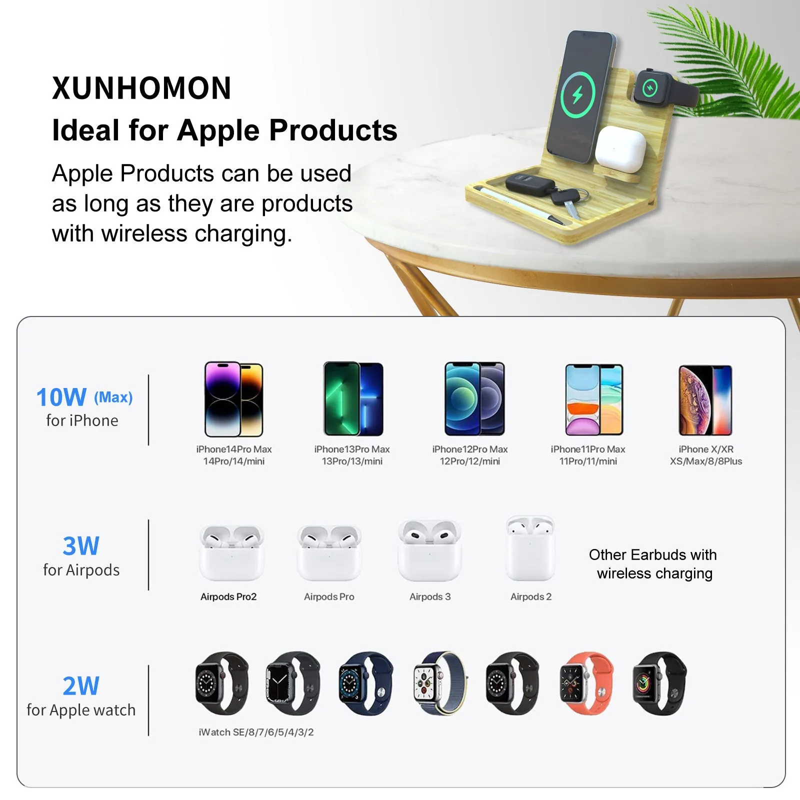 Bamboo 3-in-1 magnetic wireless charger storage bracket with phone, AirPods and Apple Watch on a desk with keys and coins in tray