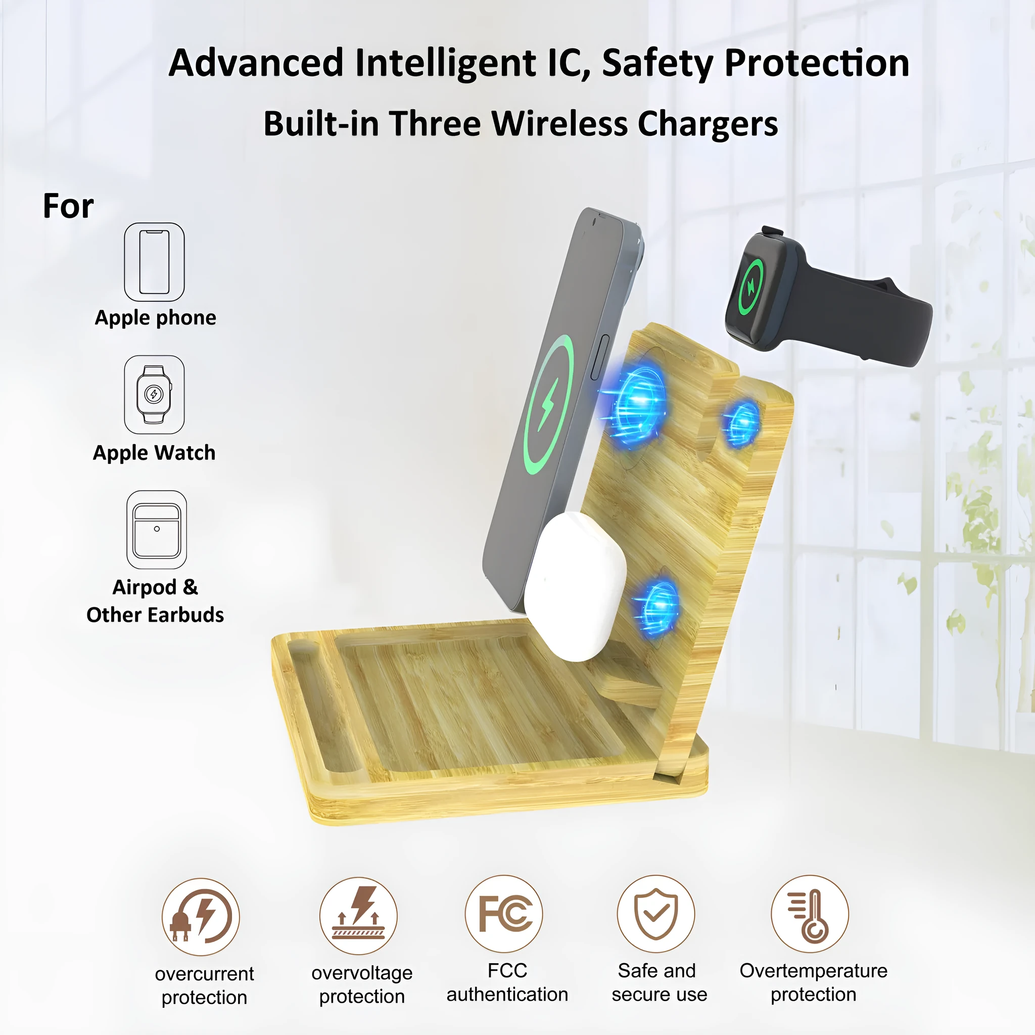 Bamboo 3-in-1 magnetic wireless charger storage bracket with phone, AirPods and Apple Watch on a desk with keys and coins in tray