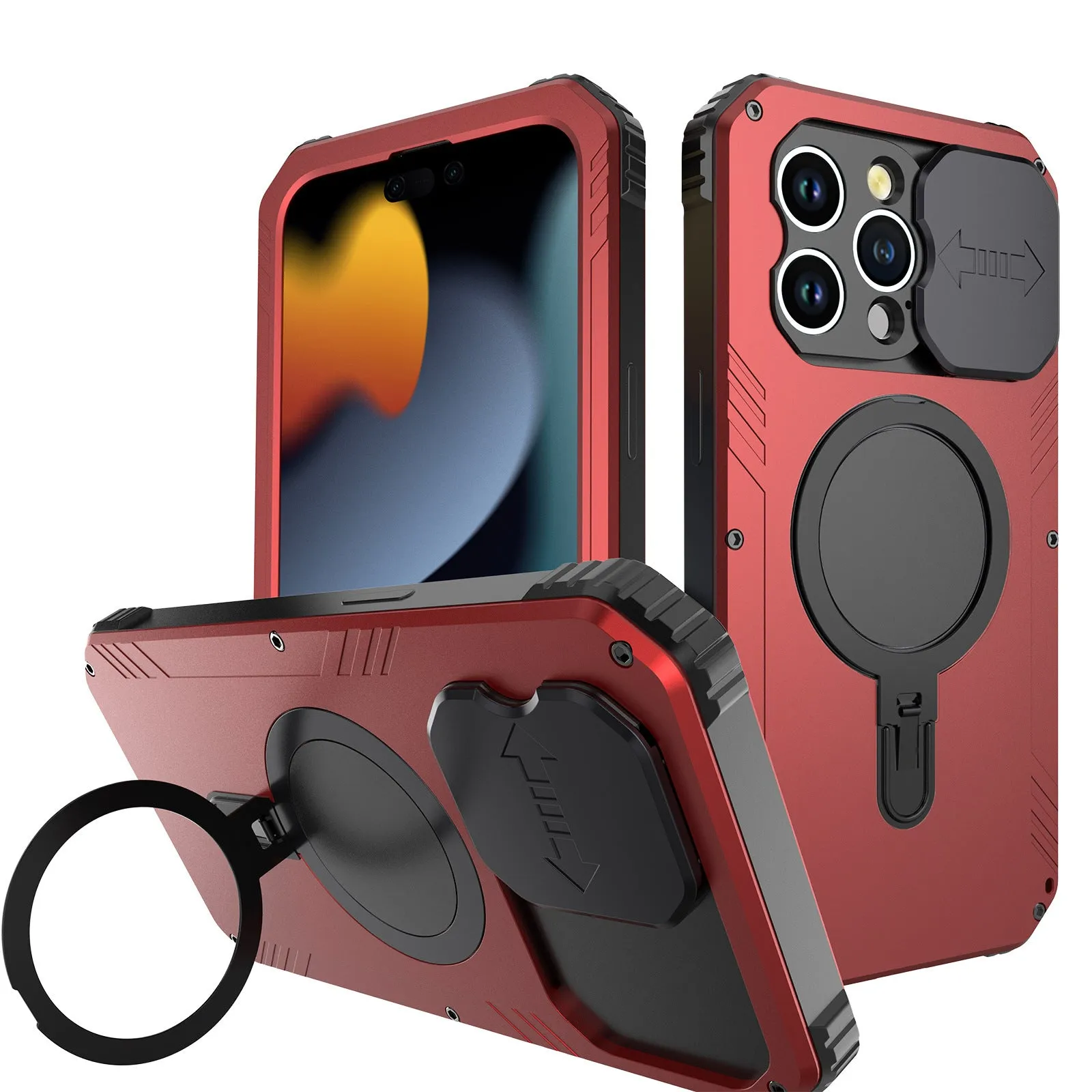 Desktop metal bracket phone case for IPhone15 with built-in stand, magnetic suction, in black aluminium alloy and silicone