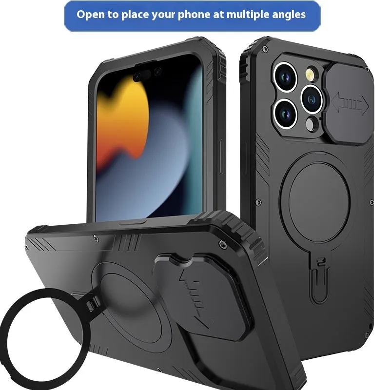 Desktop metal bracket phone case for IPhone15 with built-in stand, magnetic suction, in black aluminium alloy and silicone