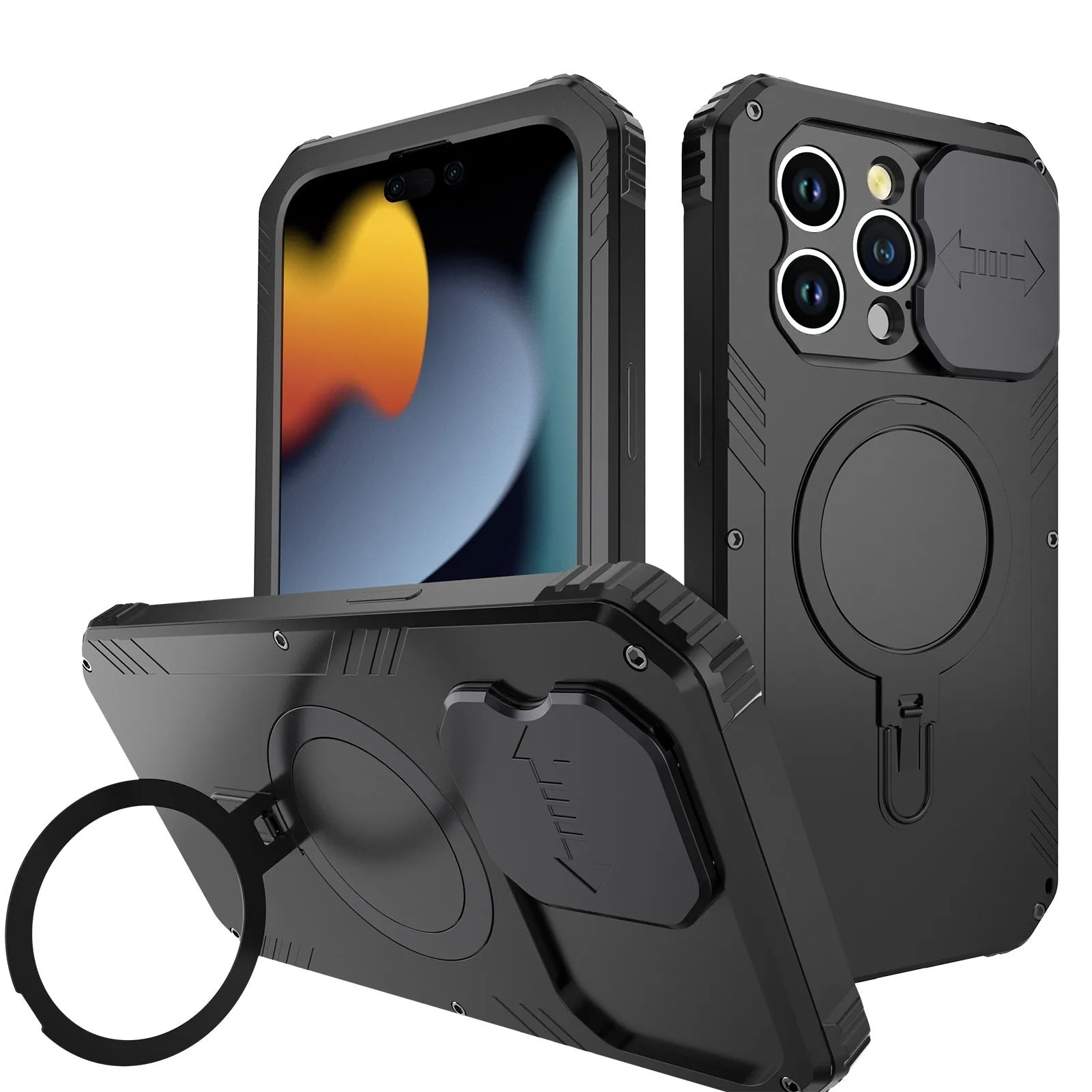 Desktop metal bracket phone case for IPhone15 with built-in stand, magnetic suction, in black aluminium alloy and silicone
