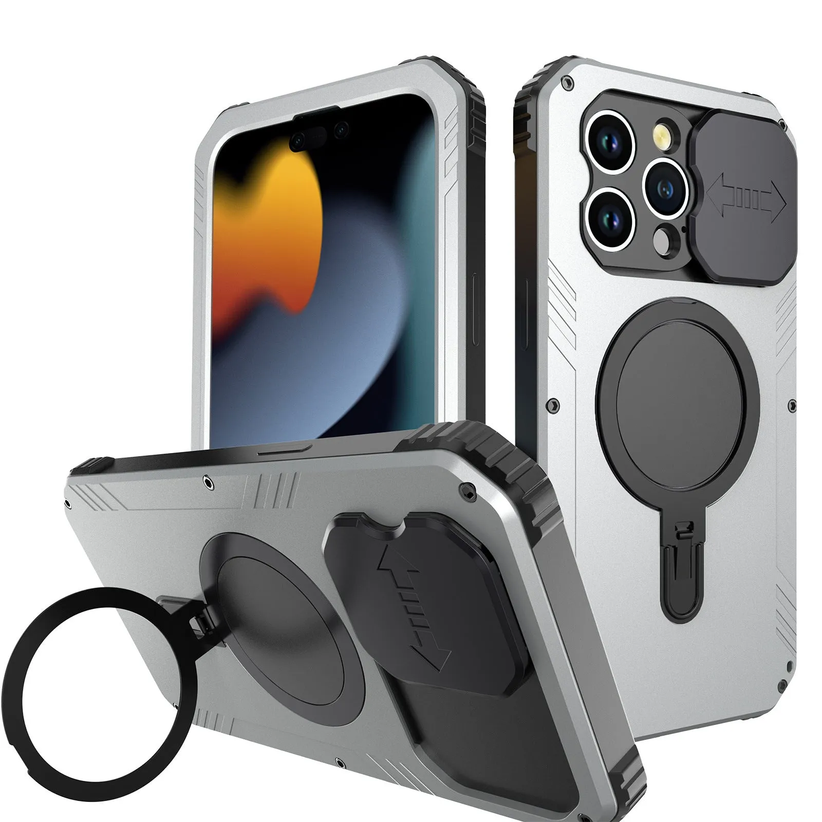 Desktop metal bracket phone case for IPhone15 with built-in stand, magnetic suction, in black aluminium alloy and silicone