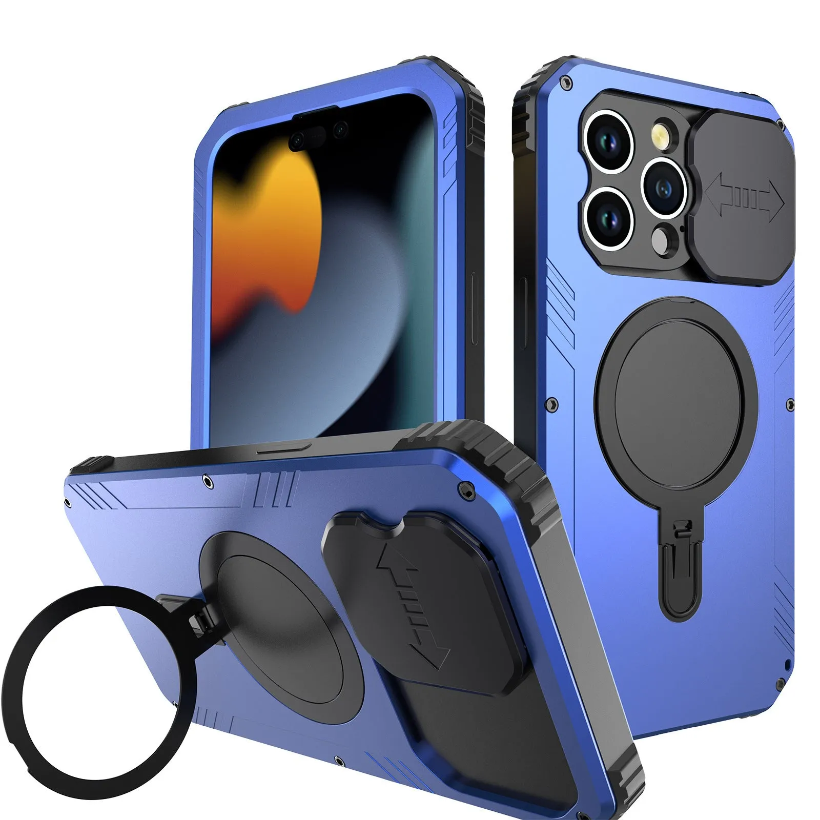 Desktop metal bracket phone case for IPhone15 with built-in stand, magnetic suction, in black aluminium alloy and silicone