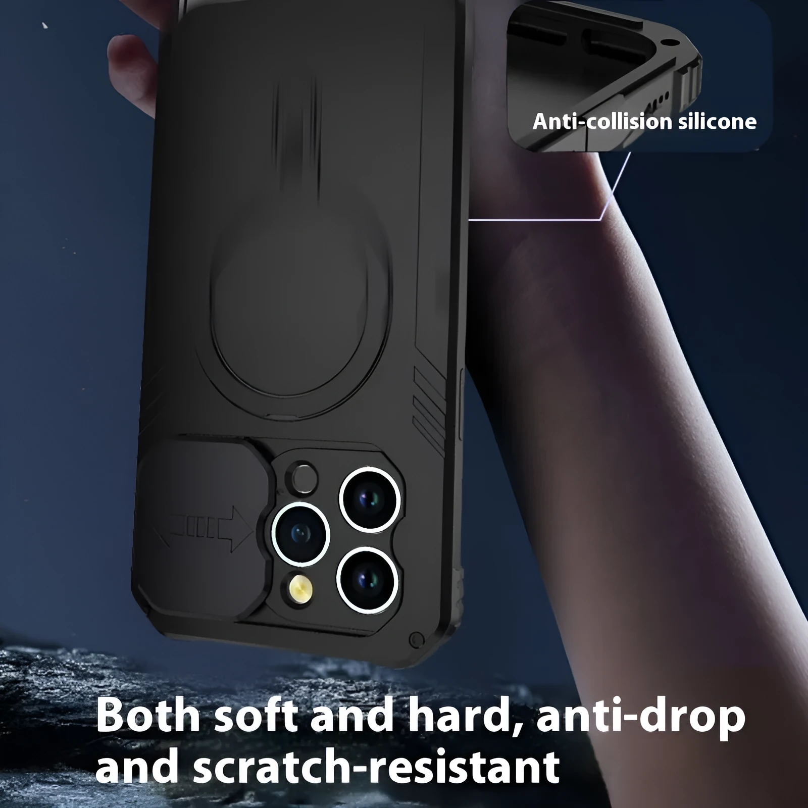 Desktop metal bracket phone case for IPhone15 with built-in stand, magnetic suction, in black aluminium alloy and silicone