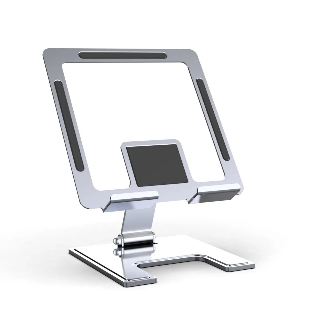 Flat desktop foldable rotating metal bracket for notebook in black alloy finish on desk
