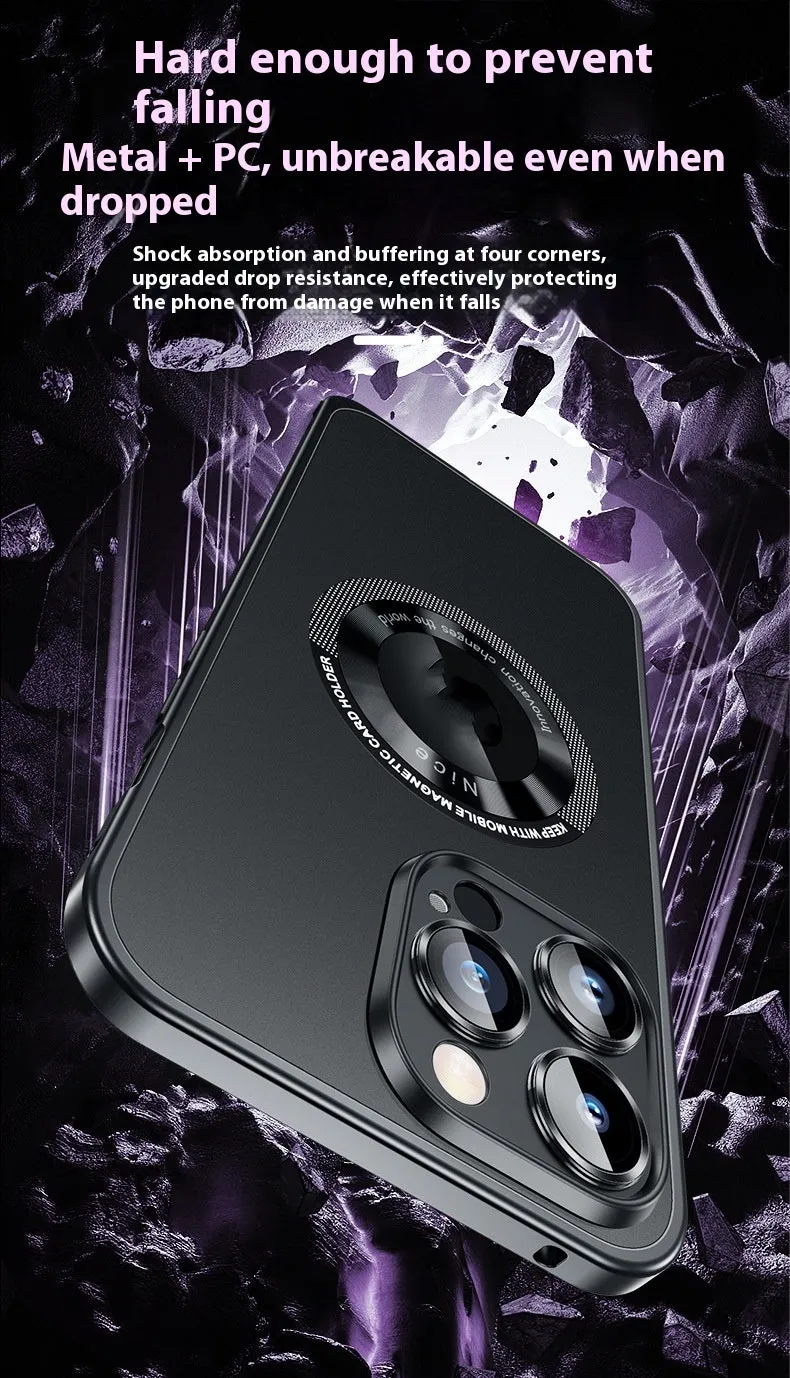 Black metal frame phone case with spring fastener for iPhone 14 Pro Max, frosted finish