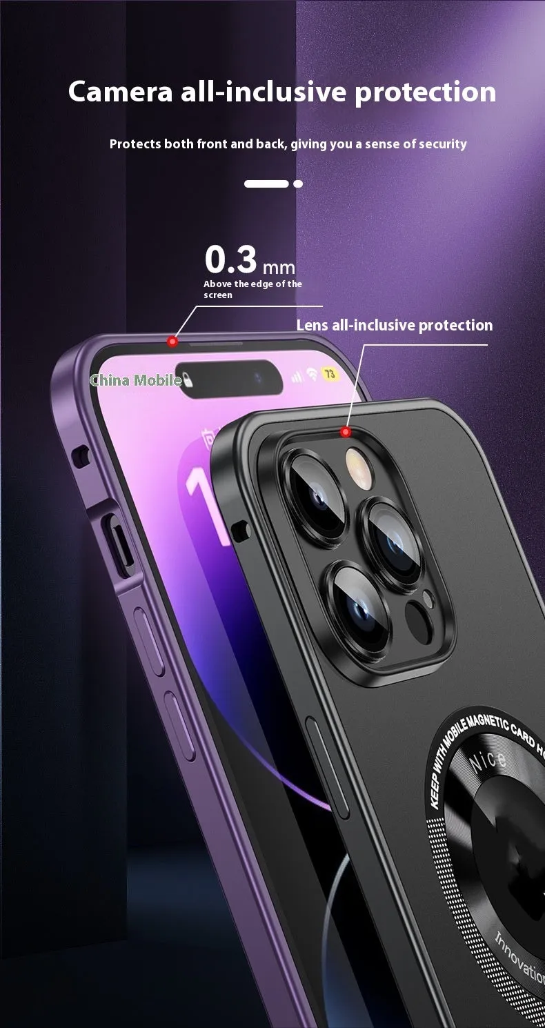 Black metal frame phone case with spring fastener for iPhone 14 Pro Max, frosted finish