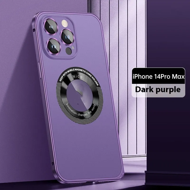 Black metal frame phone case with spring fastener for iPhone 14 Pro Max, frosted finish