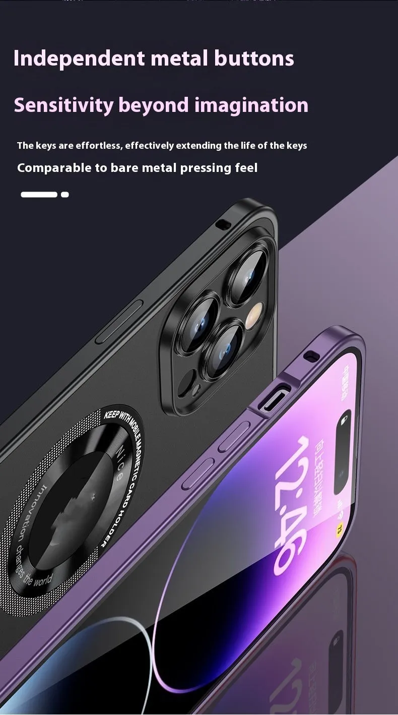 Black metal frame phone case with spring fastener for iPhone 14 Pro Max, frosted finish