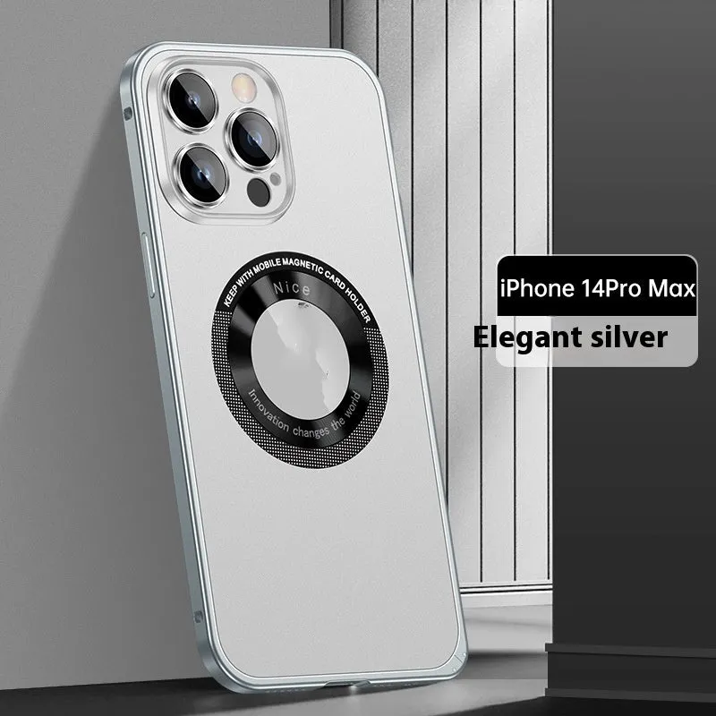 Black metal frame phone case with spring fastener for iPhone 14 Pro Max, frosted finish
