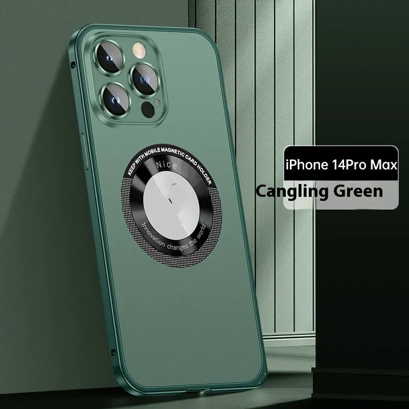 Black metal frame phone case with spring fastener for iPhone 14 Pro Max, frosted finish