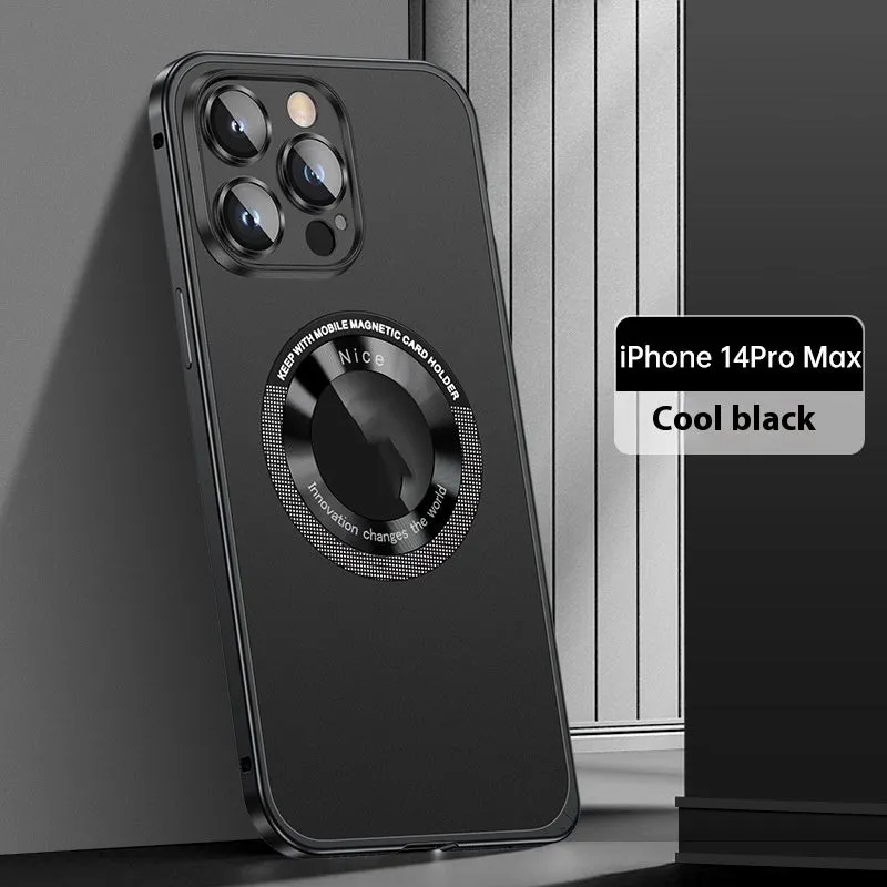 Black metal frame phone case with spring fastener for iPhone 14 Pro Max, frosted finish