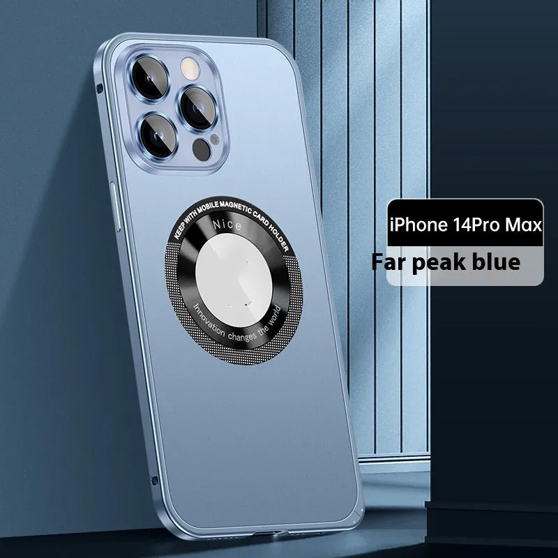 Black metal frame phone case with spring fastener for iPhone 14 Pro Max, frosted finish