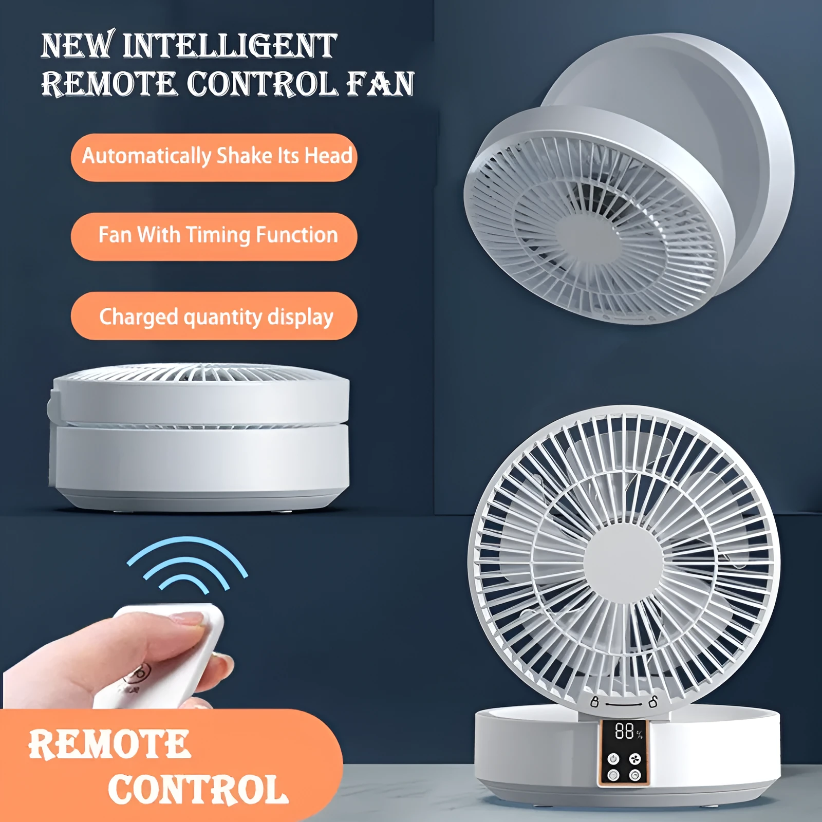 White blue or green USB rechargeable portable folding fan with remote control and warm night light