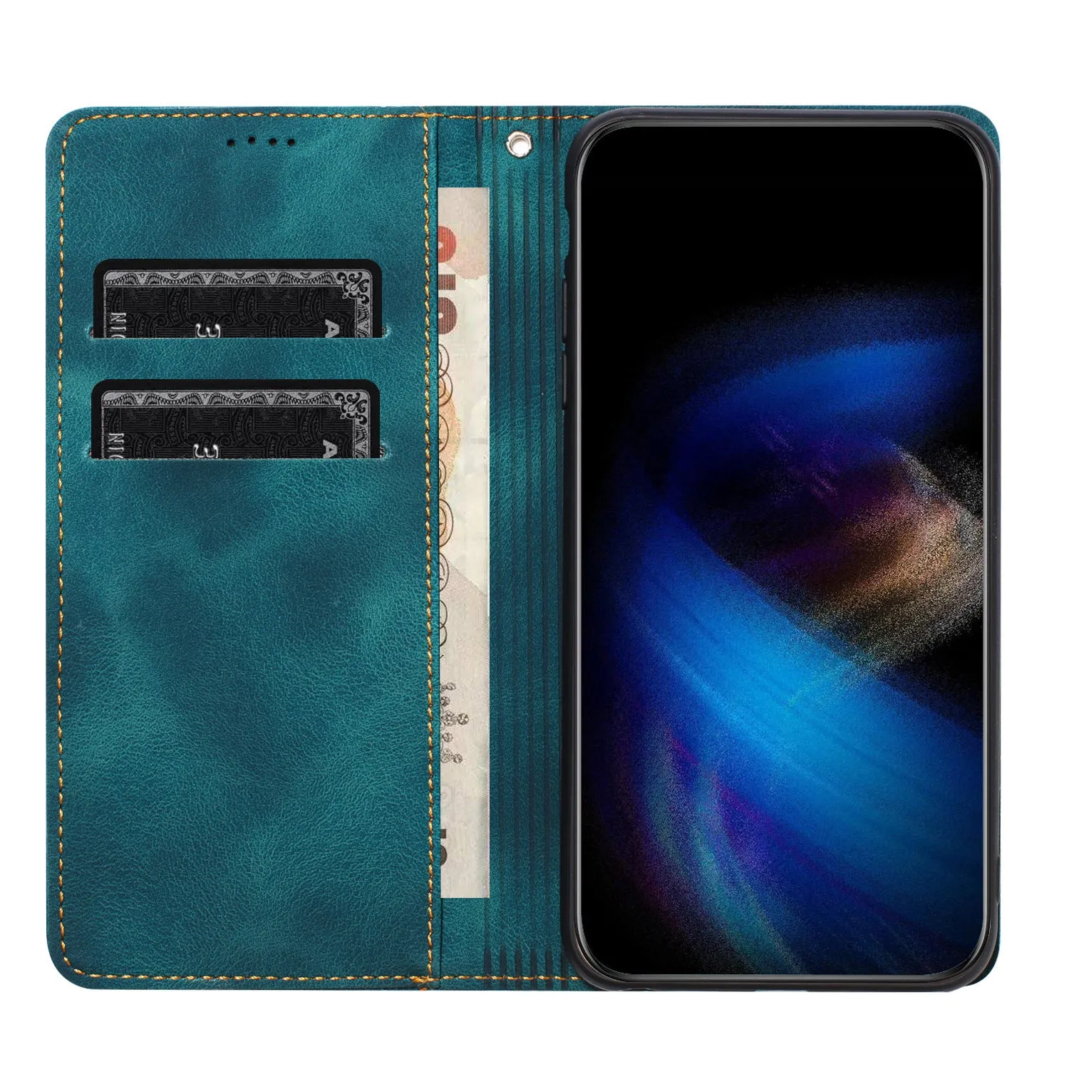 PU leather phone case with multi-card insert and bracket for Samsung A14 in black
