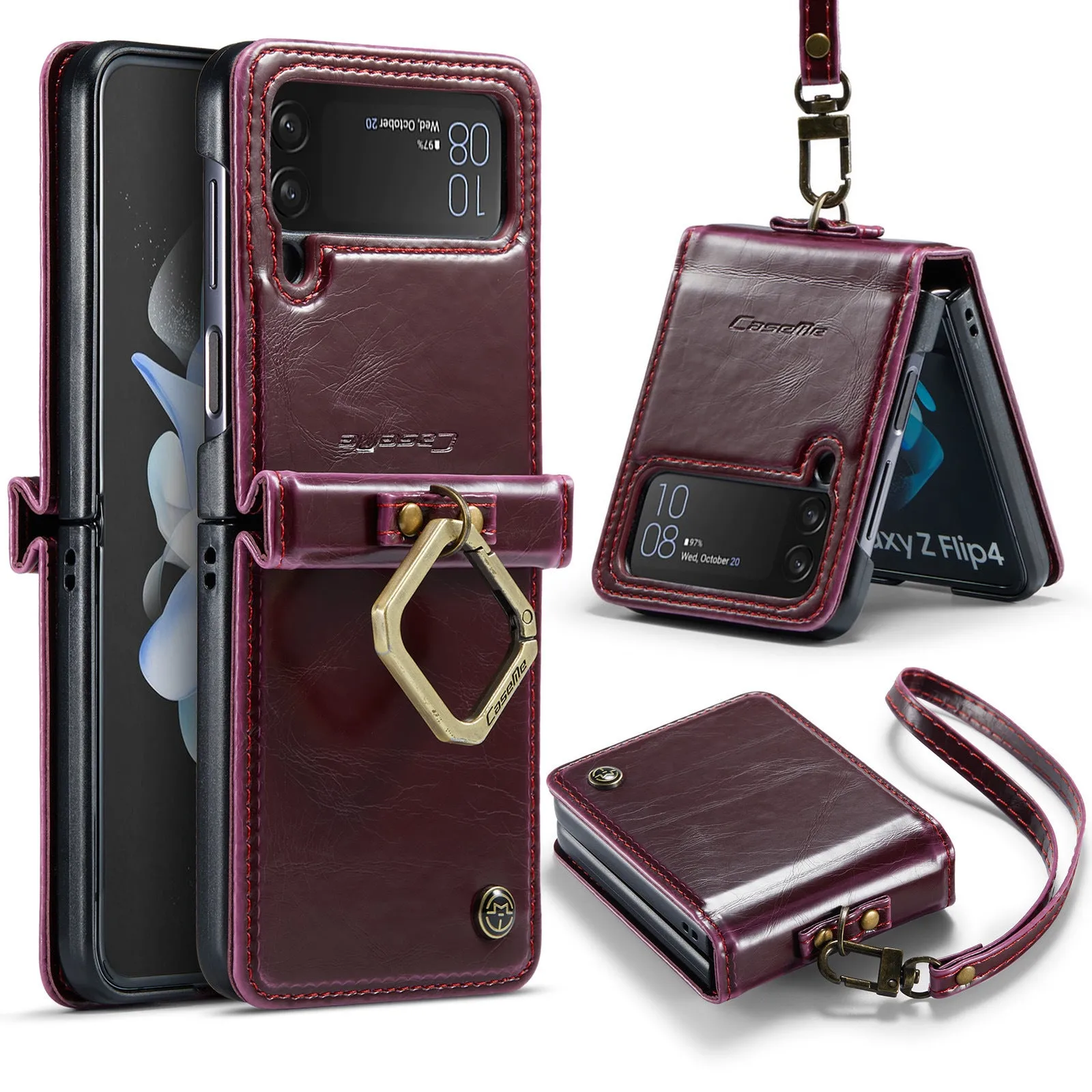 Folding PC leather phone case with Crazy Horse pattern and metal ring for Samsung Galaxy Z Flip