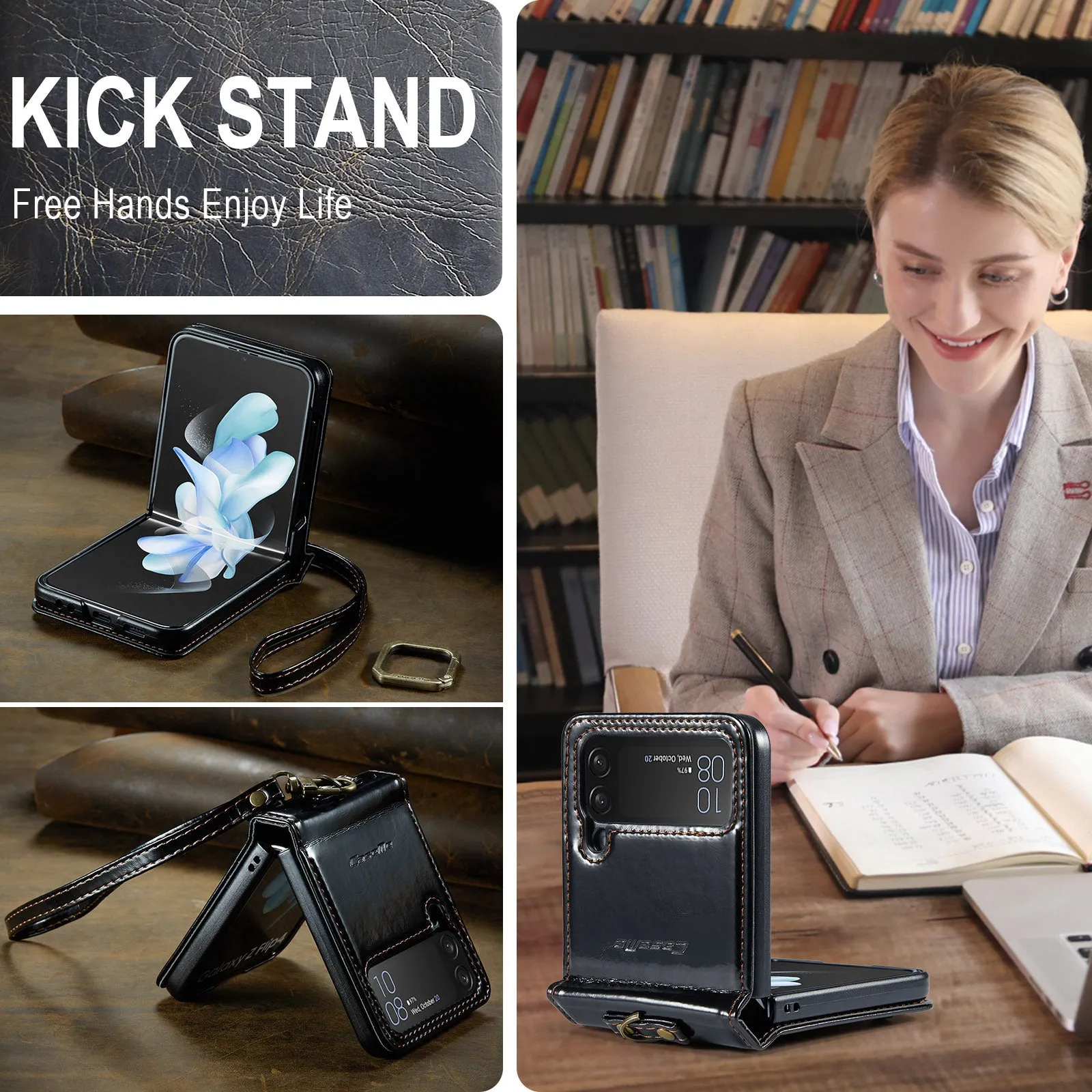 Folding PC leather phone case with Crazy Horse pattern and metal ring for Samsung Galaxy Z Flip