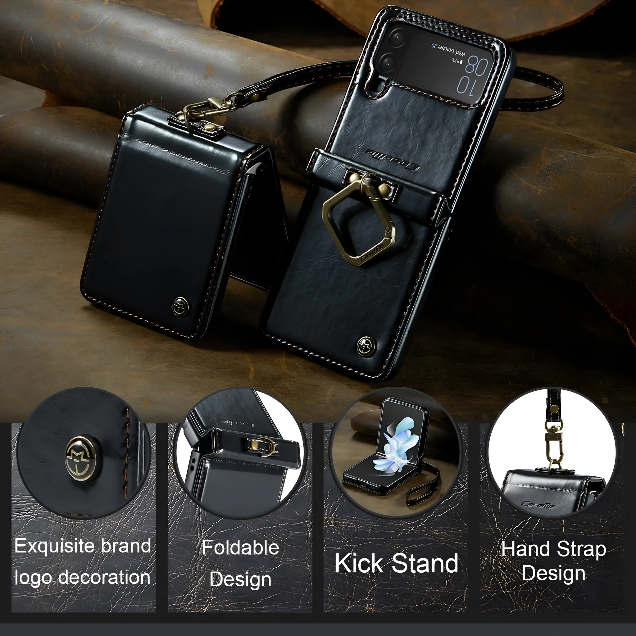 Folding PC leather phone case with Crazy Horse pattern and metal ring for Samsung Galaxy Z Flip