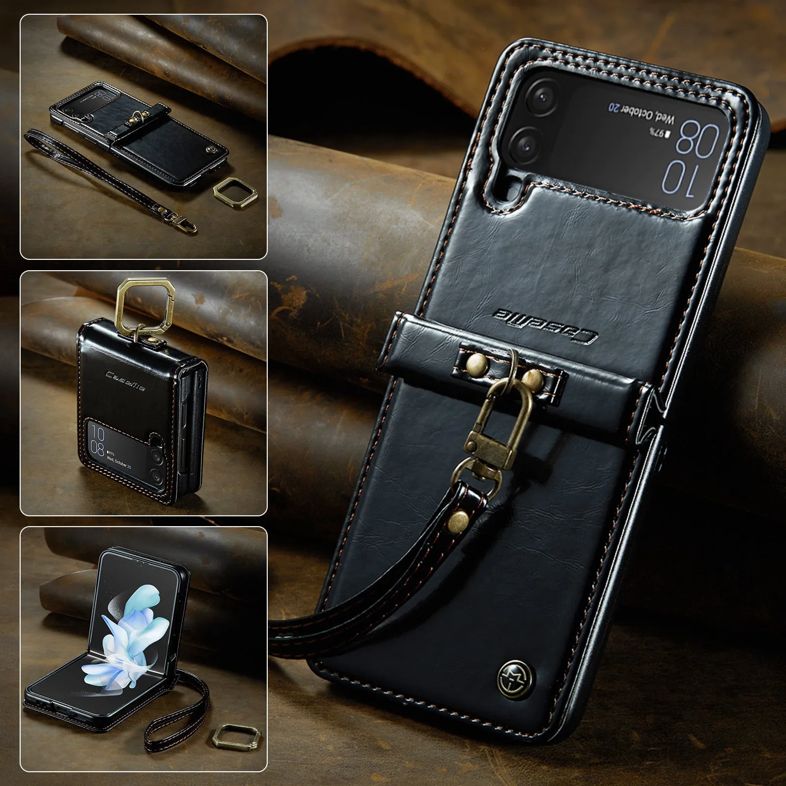 Folding PC leather phone case with Crazy Horse pattern and metal ring for Samsung Galaxy Z Flip