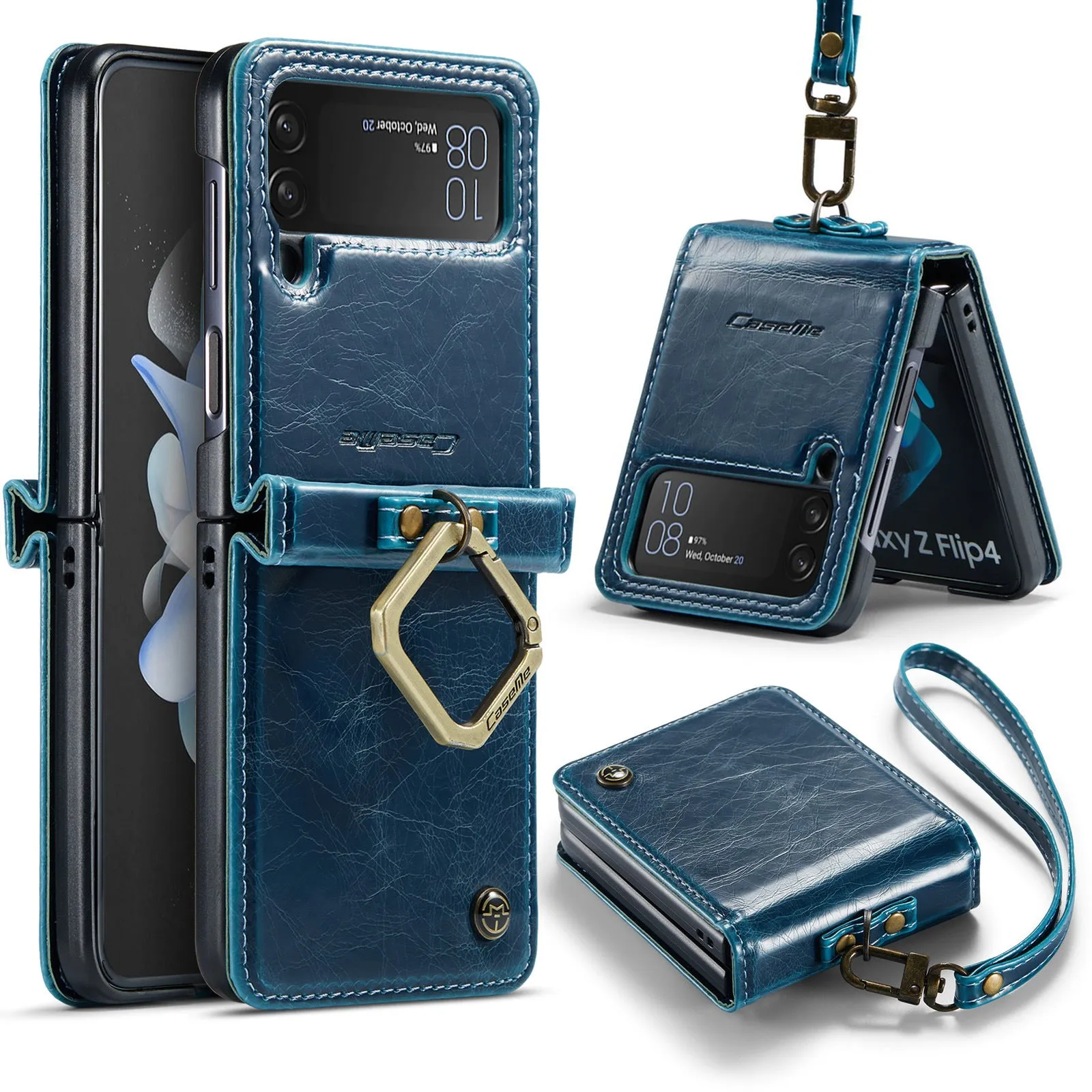 Folding PC leather phone case with Crazy Horse pattern and metal ring for Samsung Galaxy Z Flip
