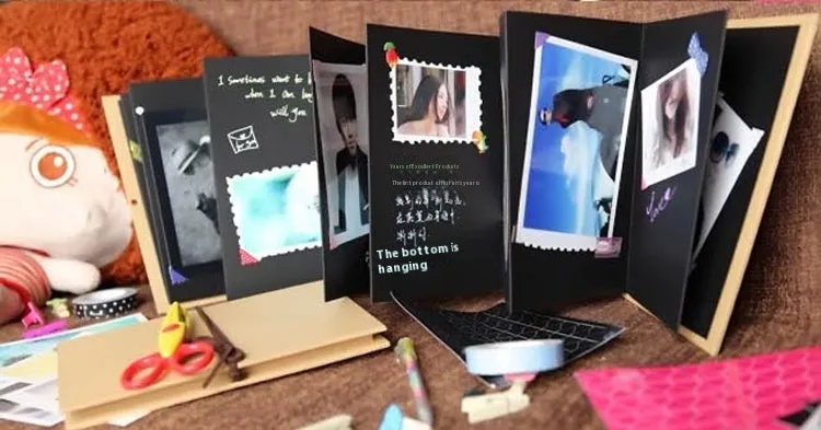 Adhesive photo album with 21x15cm cover, 350g black cardboard pages, and thin profile for DIY craft mounting