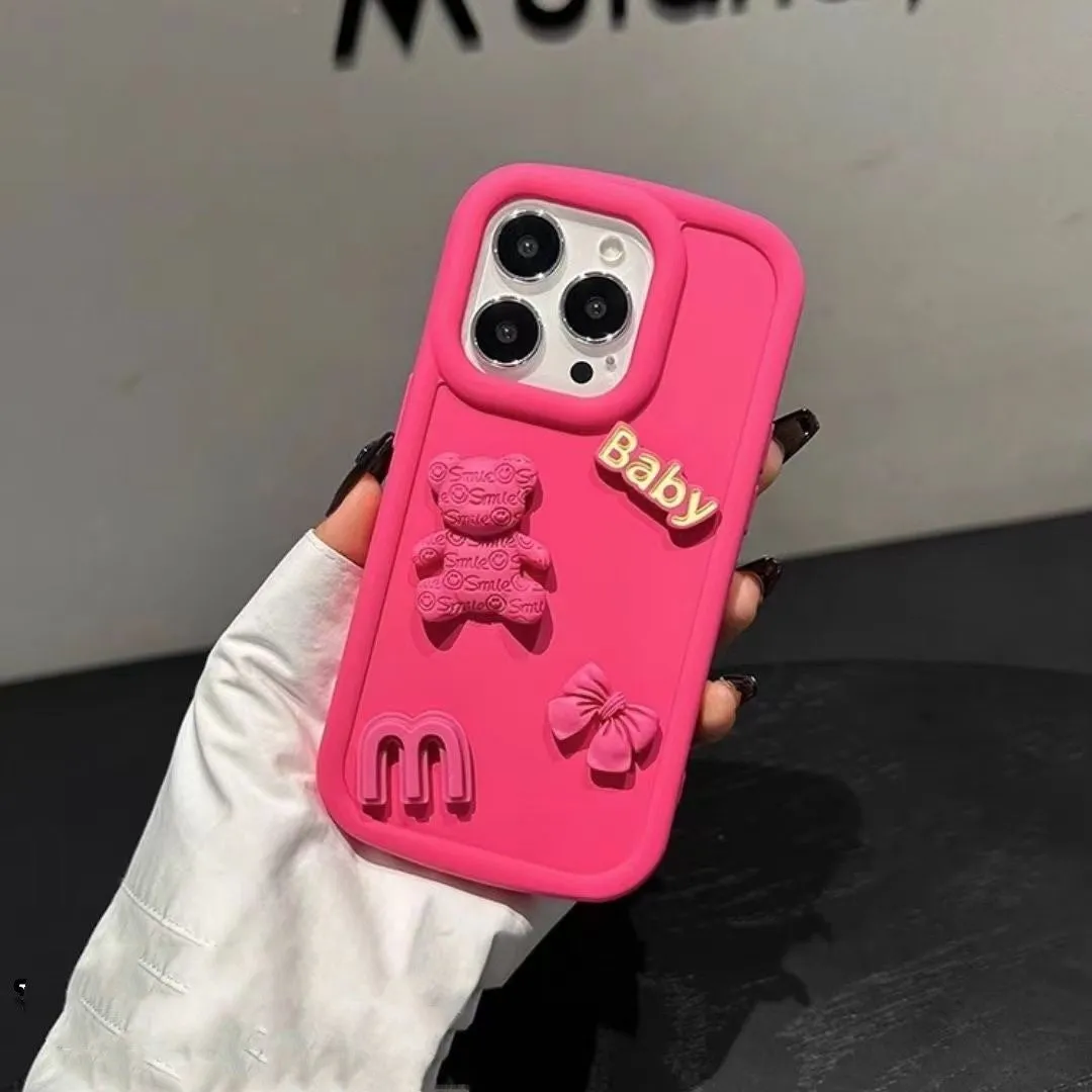 Frosted silicone phone case with 3D bear design, Rose Red oval big hole, for iPhone fall protection