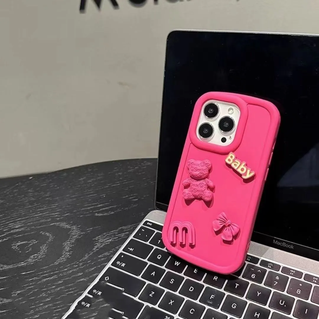 Frosted silicone phone case with 3D bear design, Rose Red oval big hole, for iPhone fall protection
