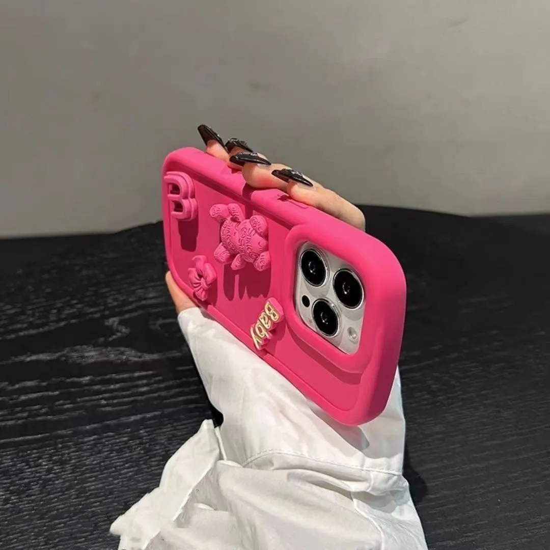 Frosted silicone phone case with 3D bear design, Rose Red oval big hole, for iPhone fall protection