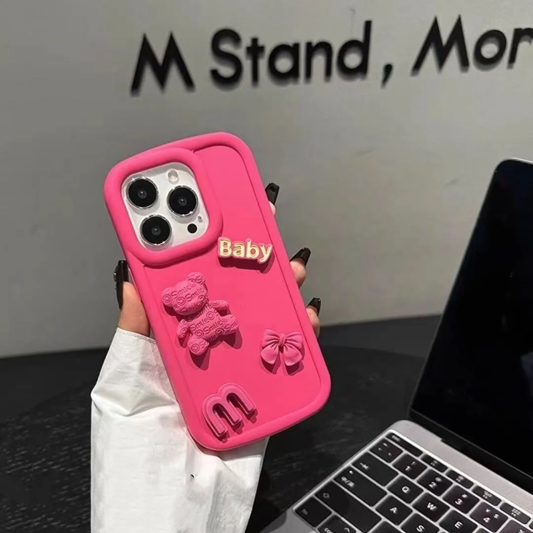 Frosted silicone phone case with 3D bear design, Rose Red oval big hole, for iPhone fall protection