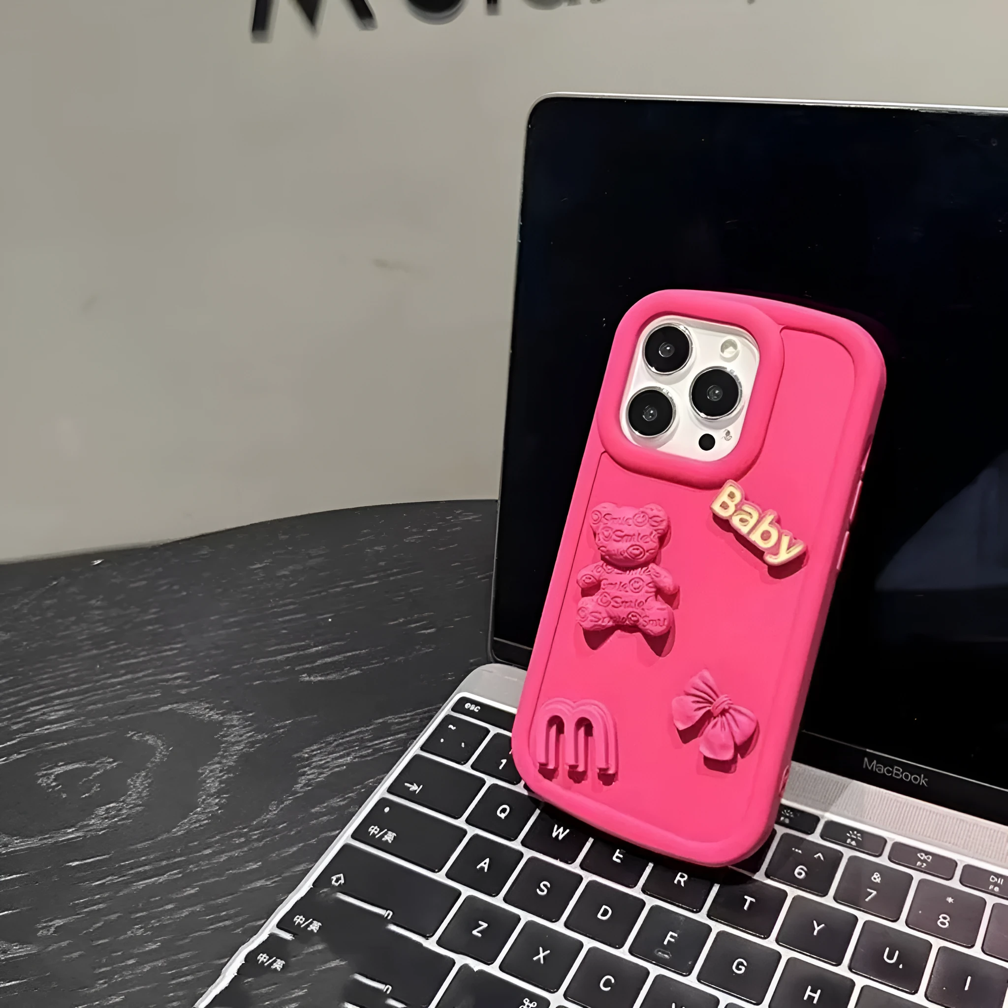 Frosted silicone phone case with 3D bear design, Rose Red oval big hole, for iPhone fall protection