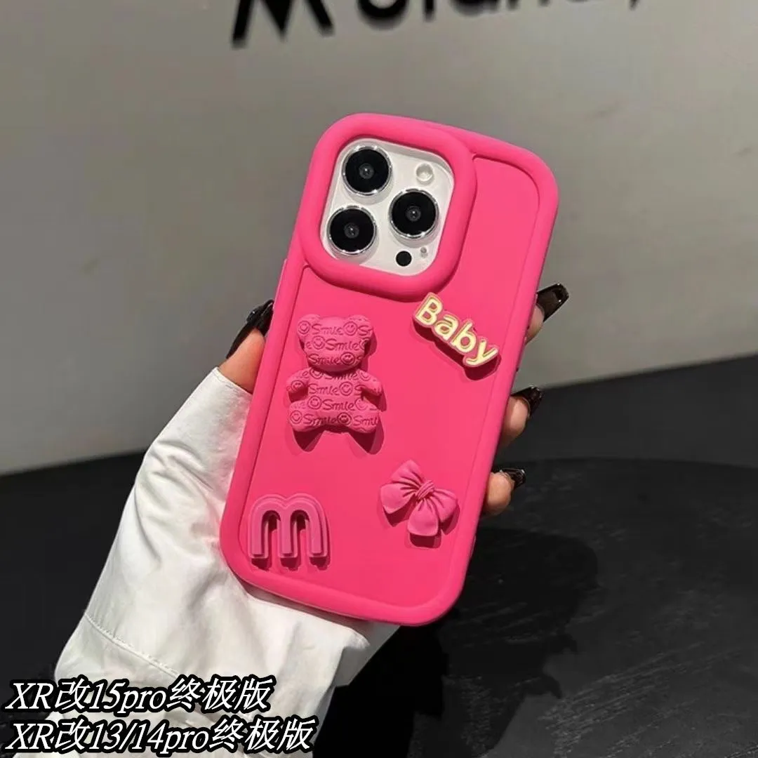 Frosted silicone phone case with 3D bear design, Rose Red oval big hole, for iPhone fall protection