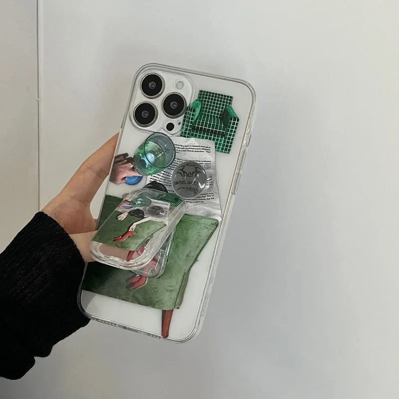 New illustration anti drop silicone phone case for iPhone with push pull bracket option