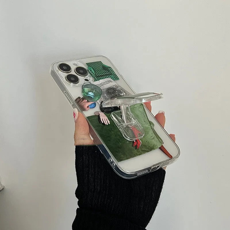 New illustration anti drop silicone phone case for iPhone with push pull bracket option