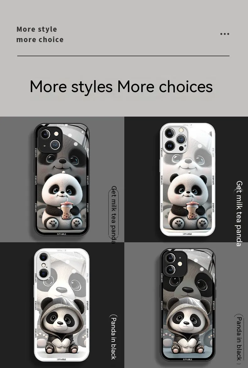 Glass liquid silicone phone case with panda design for iPhone, black and white colour options