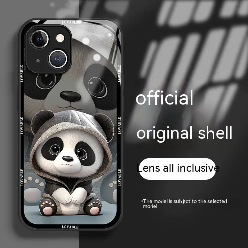 Glass liquid silicone phone case with panda design for iPhone, black and white colour options