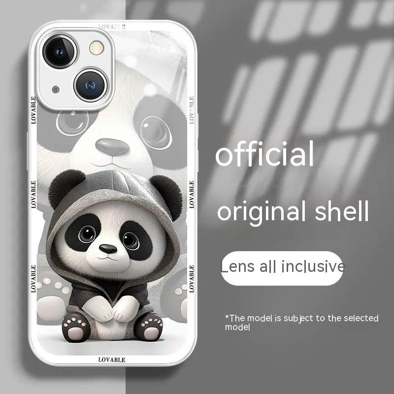 Glass liquid silicone phone case with panda design for iPhone, black and white colour options