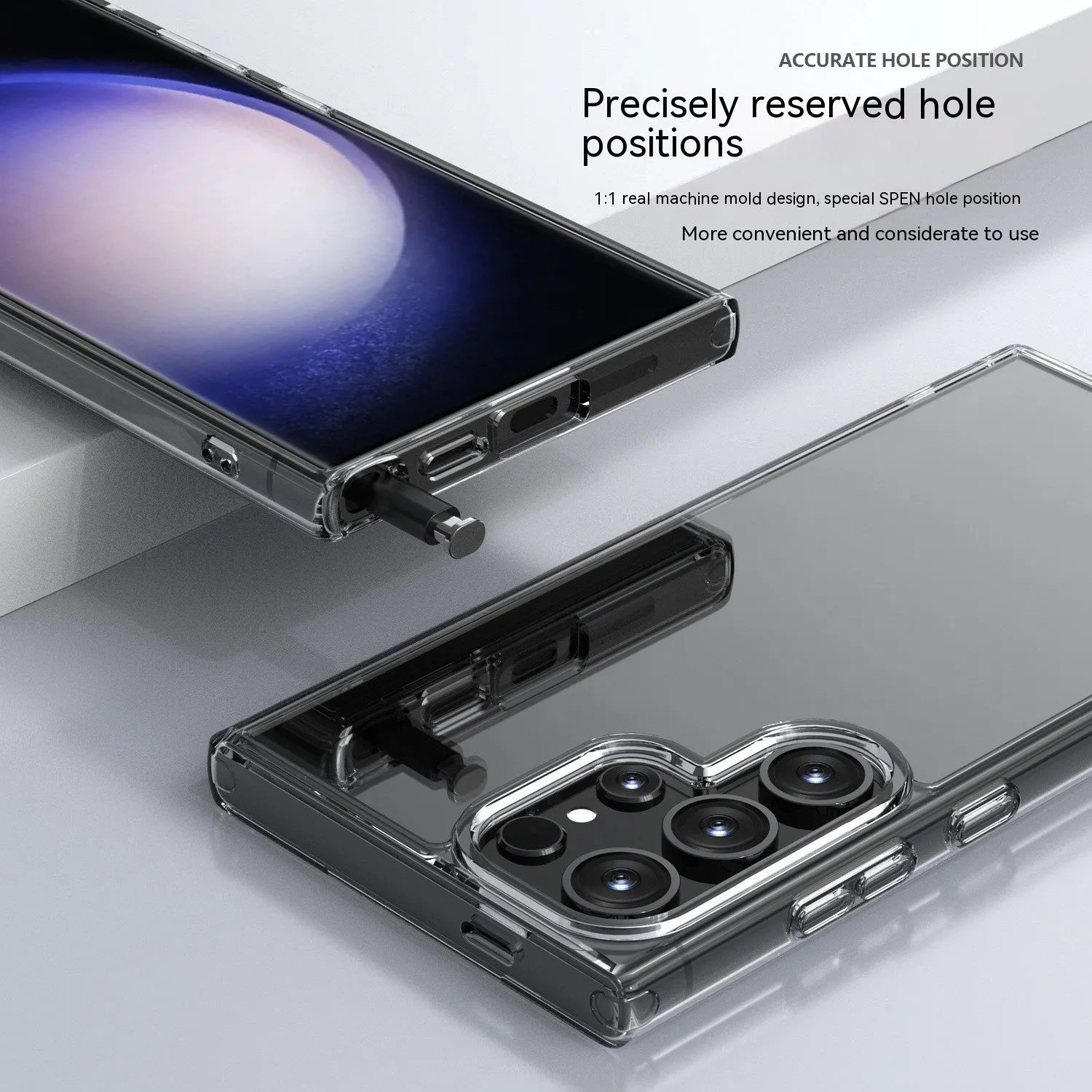 Transparent TPU PC phone case for Samsung S23 Ultra showing drop-resistant back cover design