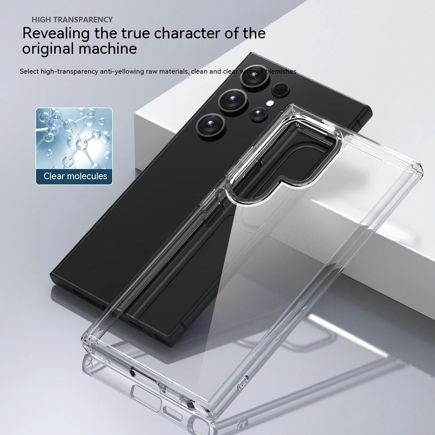 Transparent TPU PC phone case for Samsung S23 Ultra showing drop-resistant back cover design