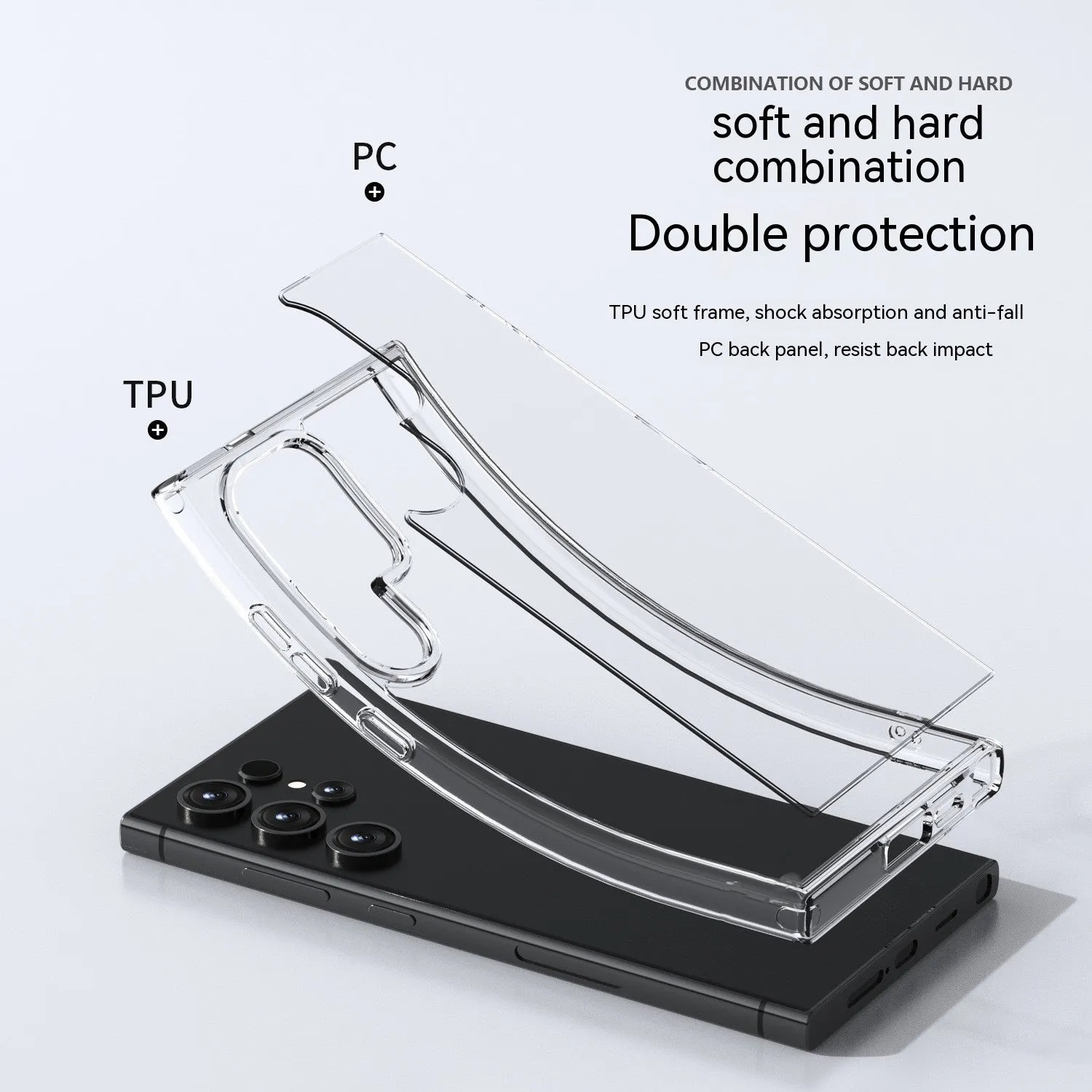 Transparent TPU PC phone case for Samsung S23 Ultra showing drop-resistant back cover design