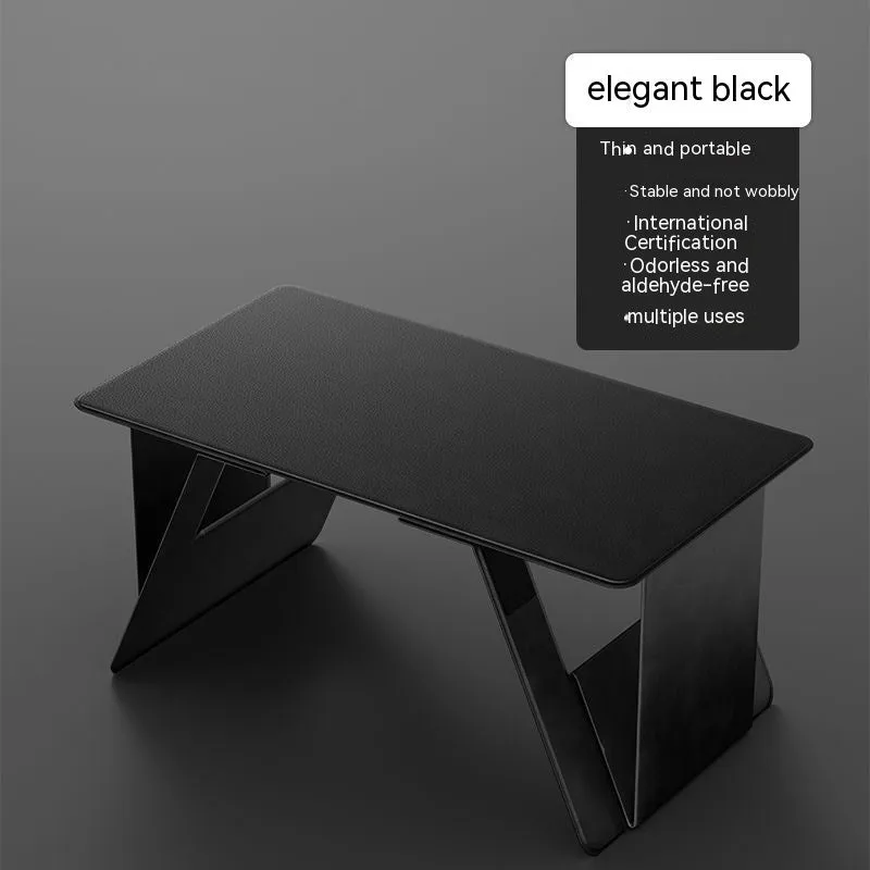 Foldable wooden laptop tablet stand in black, standard size, with legs open on a flat surface