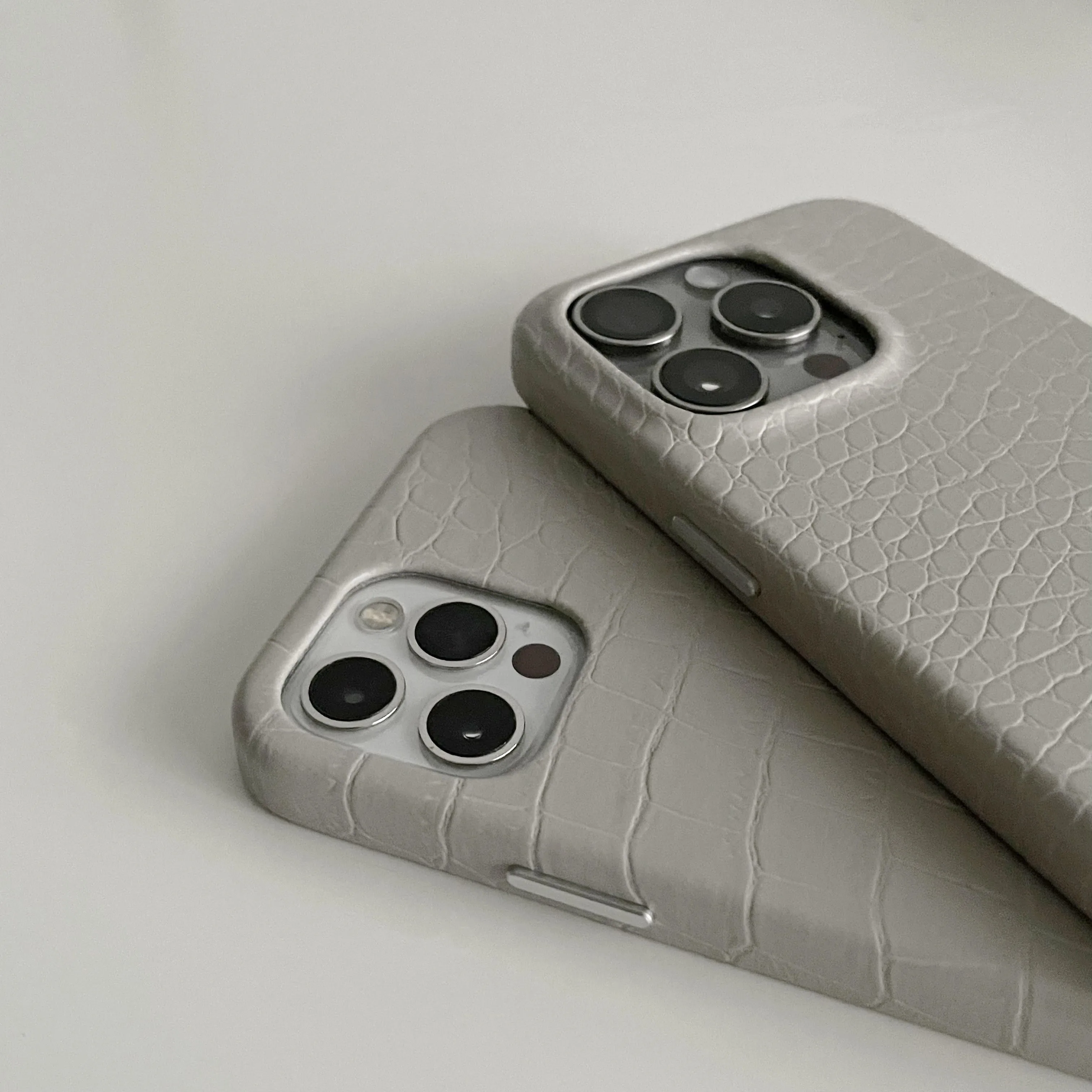 Cream grey patterned faux leather phone case with anti drop protection for iPhone