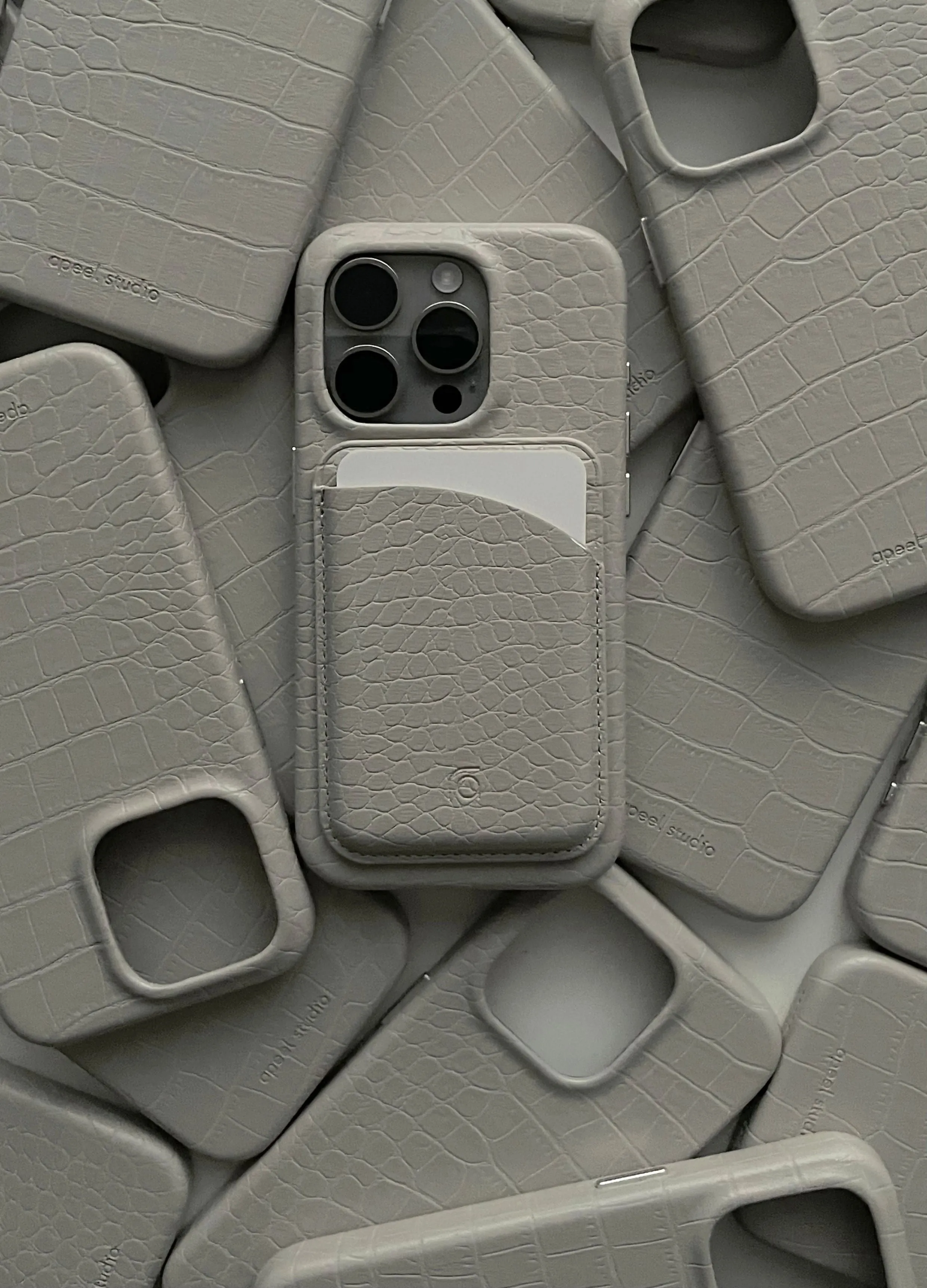 Cream grey patterned faux leather phone case with anti drop protection for iPhone