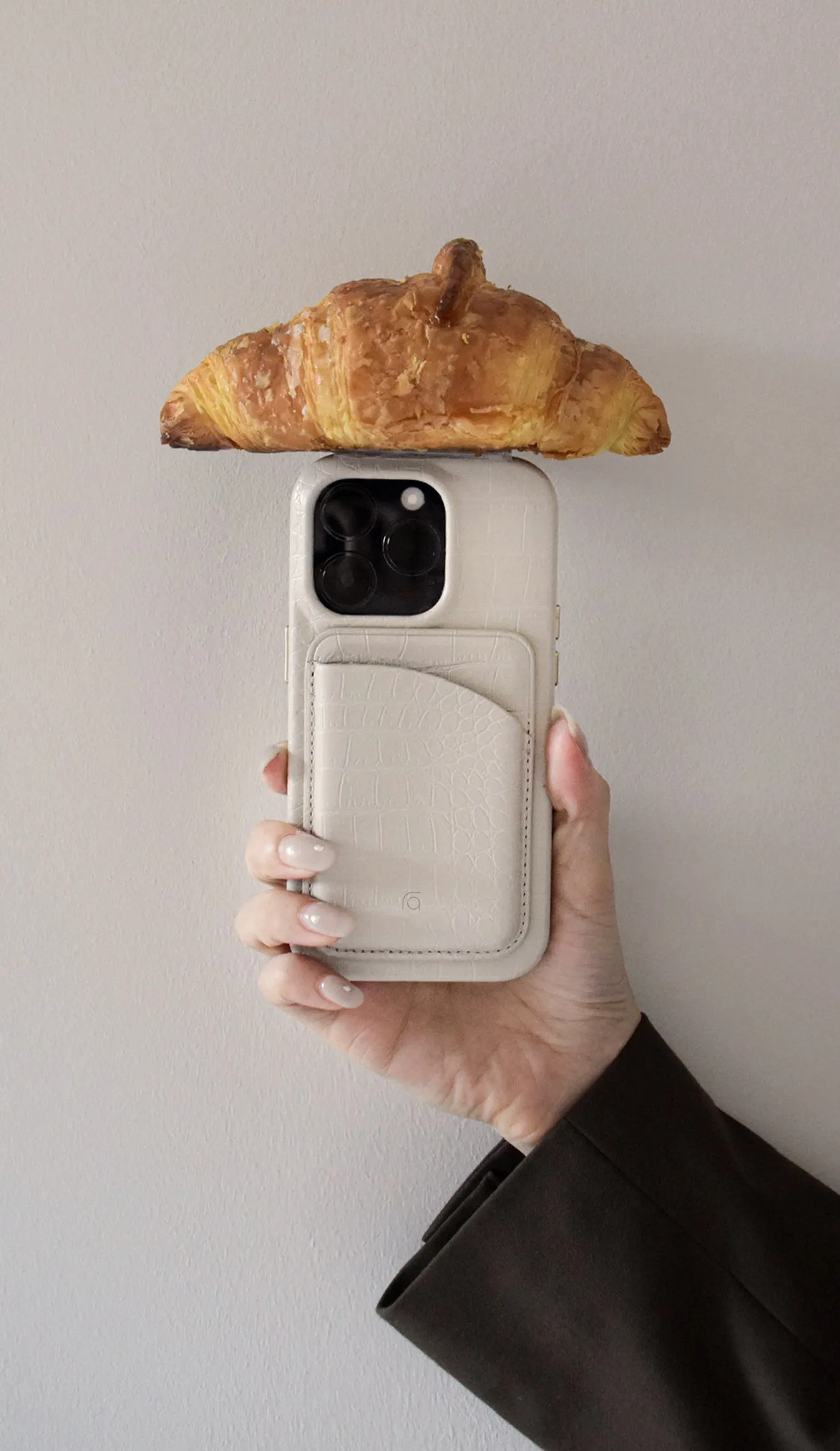 Cream grey patterned faux leather phone case with anti drop protection for iPhone