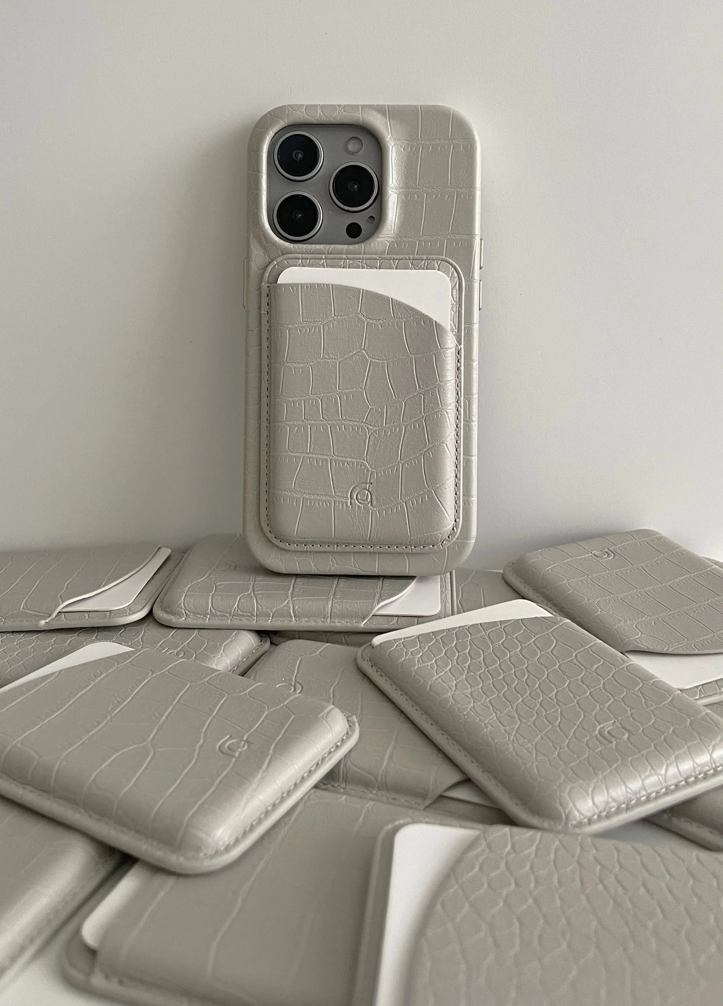 Cream grey patterned faux leather phone case with anti drop protection for iPhone
